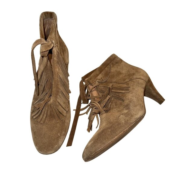 Maje Brown Leather Suede Fringe Ankle Booties Boots Women's 37 - Picture 1 of 7